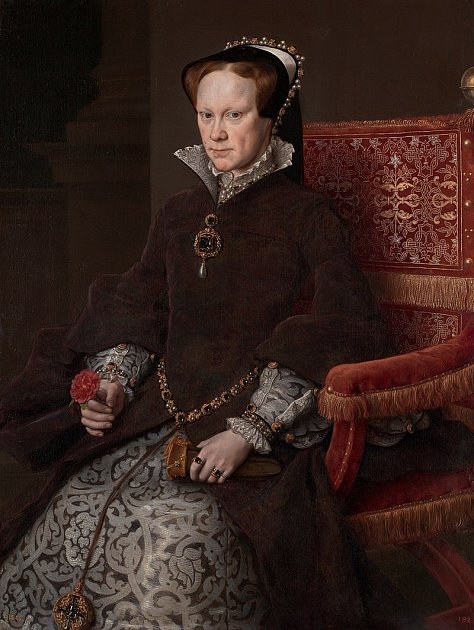Portrét anglické královny Marie I. (1516-1558), známější jako Marie Tudorovna či jako Krvavá Marie (Bloody Mary), dcery Jindřicha VIII. a Kateřiny Aragonské. Obraz namaloval Anthonis Mor van Dashorst v roce 1554