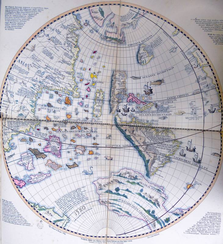 Západní polokoule v kresbě renesančního zeměpisce Johannese Schönera, vytvořené v roce 1520, odráží tehdejší mylné představy Evropanů o blízkosti Jižní Ameriky a Asie