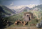 Diorama zachycující lidi v době neolitu, tedy v mladší době kamenné, kdy se místo dosavadního lovu a sběru stává hlavním zdrojem obživy zemědělství