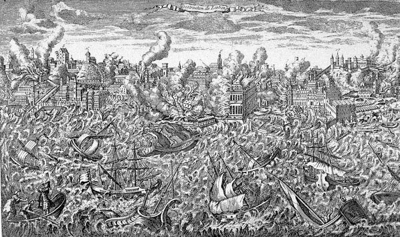 Portugalský Lisabon během velkého zemětřesení dne 1. listopadu 1755. Mědirytina ukazuje město v troskách a v plamenech. Cunami se řítí na pobřeží a ničí přístaviště. Rytina je pozoruhodná i ztvárněním rozbouřené vody v přístavu, jež zničila hodně lodí