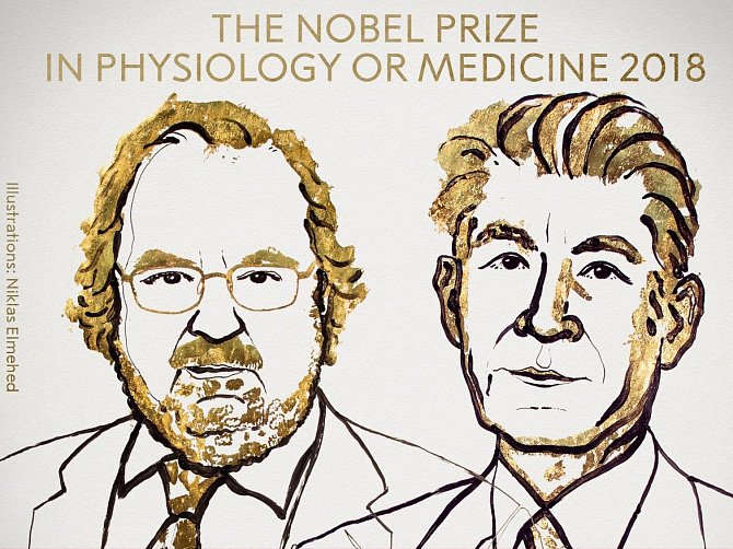 Nositelé Nobelovy ceny za fyziologii nebo lékařství za rok 2018 James P. Allison a Tasuku Honjo.