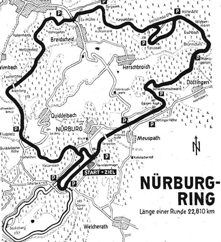 Mapka upravené Nordschleife po 80. letech. V levém dolním rohu je již nepoužívaná Südschleife.