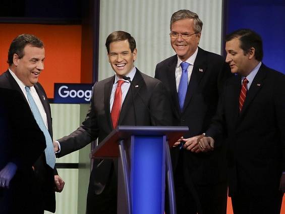 Republikánští prezidentští kandidáti zleva: Chris Christie, Marco Rubio, Jeb Bush a Ted Cruz.