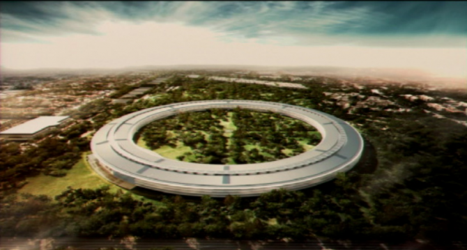 Sídlo firmy Apple ve městě Cupertino v Kalifornii. Zatím je ve výstavbě. Návrh.