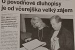 Povodně 1997 - dobové vydání moravských novin Rovnost. Deník informoval o možnosti nákupu povodňových dluhopisů. Koupil si je i tehdejší prezident Václav Havel s manželkou.
