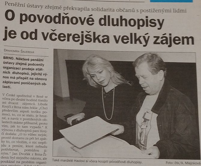 Povodně 1997 - dobové vydání moravských novin Rovnost. Deník informoval o možnosti nákupu povodňových dluhopisů. Koupil si je i tehdejší prezident Václav Havel s manželkou.