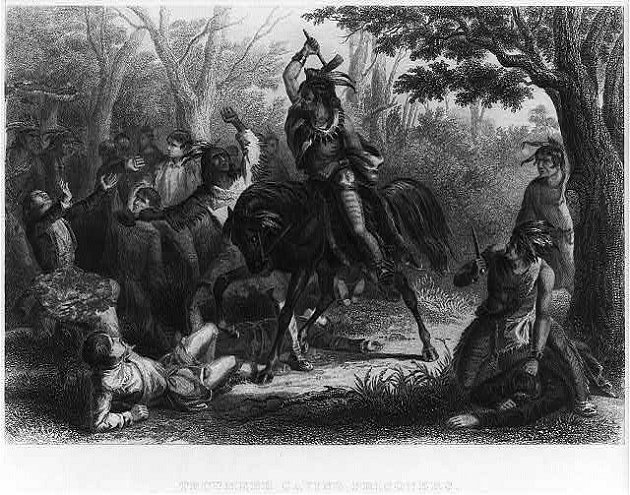 Výjev z války roku 1812. Náčelník Tecumseh chrání zajatce před jiným indiánem na koni, další indián se chystá skalpovat mrtvolu. K této události prý došlo po obléhání pevnosti Meigs v Ohiu