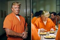 Exprezident Donald Trump v oranžovém mundůru za mřížemi sledované věznice - AI tvorba
