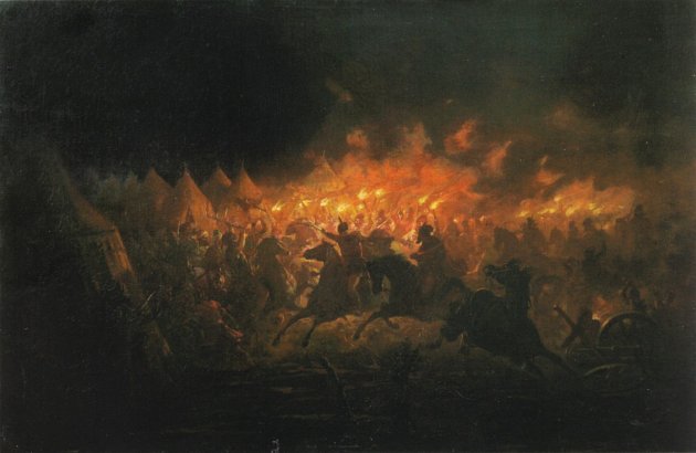 Bitva za svitu pochodní, jak ji namaloval rumunský malíř Theodor Aman. Obraz zachycuje noční útok na tábořiště osmanských Turků u Târgovişte, k němuž došlo ve čtvrtek 17. června 1462. Útok vedli bojovníci Vlada III. Napichovače proti silám Mehmeda II.