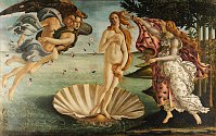 Obraz Zrození Venuše znázorňuje bohyni, která se vynořila z moře jako dospělá žena a dorazila na mořský břeh. Mušle, na které stojí, byla ve starověku symbolem ženské vulvy.