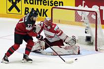 Kanadský hokejista Josh Anderson se snaží překonat dánského brankáře Sebastiana Dahma.