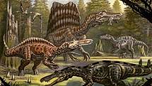 Jedna z ilustrací možného vzhledu spinosaura. Vzhled tohoto predátora se v průběhu let, kdy obýval Zemi, měnil, jak se tvor přizpůsoboval prostředí. Na tomto obrázku jsou spinosauři zobrazeni ještě jako suchozemští tvorové.