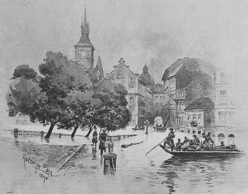 Karel Liebscher: Povodeň 1890 (Staroměstské mlýny)