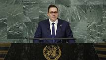 Český ministr zahraničí Jan Lipavský hovoří na zasedání Valného shromáždění OSN. Ilustrační snímek