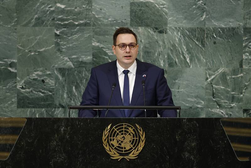 Český ministr zahraničí Jan Lipavský hovoří na zasedání Valného shromáždění OSN. Ilustrační snímek