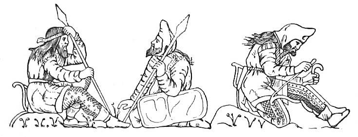 Skytští válečníci vymalovaní podle zobrazení na nádobě nalezené na pohřebišti nedaleko krymského přístavního města Kerč. Zobrazení zachycuje typické špičaté kapuce, kabátce s kožešinovým nebo plstěným lemováním a zdobené nohavice