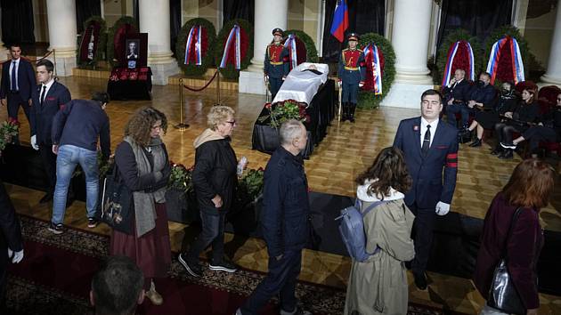 Poslední rozloučení s bývalým vůdcem Sovětského svazu Michailem Gorbačovem ve Sloupové síni Domu odborů v Moskvě, 3. září 2022.