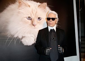 Módní návrhář Karla Lagerfelda u plakátu své kočky Choupette.