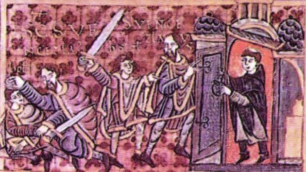 Smrt svatého Václava na iluminaci z latinské Gumpoldovy legendy, podle níž byl do spiknutí zapojen i kněz, který zabránil Václavovi vstoupit do kostela