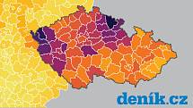 Situace v českých regionech je výrazně horší, než v těch německých. Dokazuje to aktuální srovnávací mapa.
