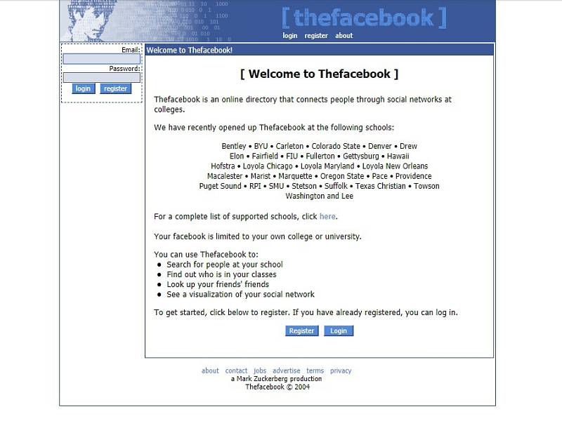 Facebook byl spuštěn v únoru 2004 a nejprve sdružoval pouze univerzitní studenty.