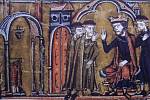 Jeruzalémský král Balduin II. postupuje Hugovi z Payns a Godefroiovi de Saint-Omer místo Šalomounova chrámu. Čtvrtou osobou na obraze je jeruzalémský patriarcha Warmund