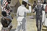 Henry Mortony Stanley a David Livingstone se setkali v domorodé vesnici, na obrazu znázorněné pomocí chatrče v pozadí a domorodých obyvatel kolem. Americká vlajka zdůrazňuje novinářův původ