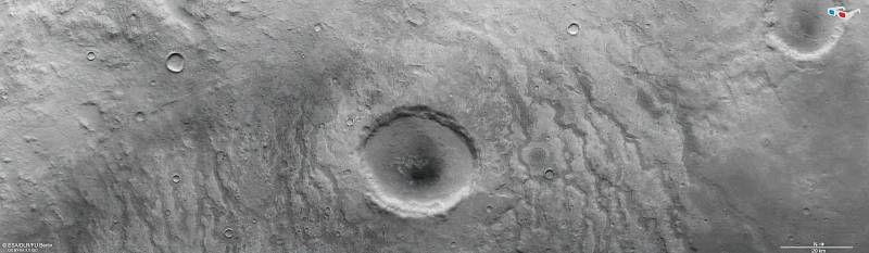 Soustava geologických zlomů na planetě Mars, známá jako Tantalus Fossae, ve 3D zobrazení