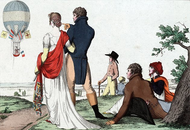 Jeden z raných letů Garnerinovy ženy Jeanne Geneviève Garnerinové (narozené roku 1779). Diváci ji 28. března 1802 sledují, jak stoupá v balonu