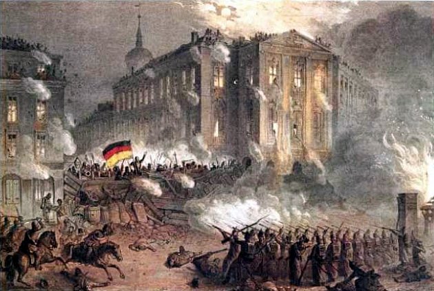 Povstání v Berlíně v roce 1848. Proti povstalcům tvrdě zakročil bratr tehdejšího panovníka, pozdější pruský král Vilém I. Do davu nechal střílet z děl, a stal se na čas nejnenáviděnějším mužem v Prusku.