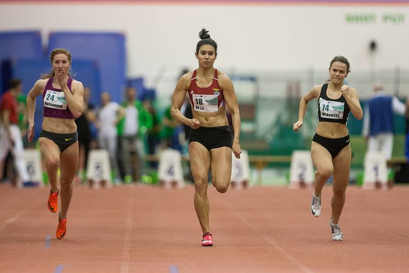 Atletický mítink Jablonecká hala 2018 proběhl 20. ledna v Jablonci nad Nisou. Na snímku druhá zleva Tamiris de Liz při disciplině 60 M ženy.