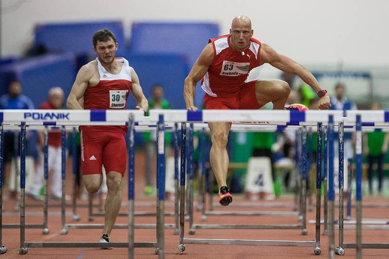 Atletický mítink Jablonecká hala 2018 proběhl 20. ledna v Jablonci nad Nisou. Na snímku zleva Bohdan Chornomaz a Petr Svoboda při disciplině 60 M překážek muži.