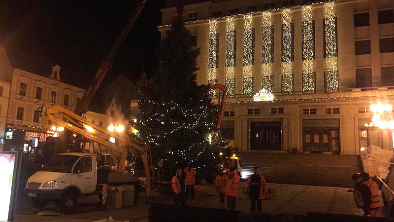 Kvůli nakloněnému kmenu vánoční jedle na Mírovém náměstí se vedení radnice rozhodlo o odstranění stromu kvůli bezpečnosti. Ráno zde začínají Vánoční trhy.