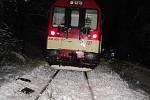Přívaly sněhu v Libereckém kraji komplikovaly o víkendu i železniční dopravu. Na řadě míst popadaly stromy na trať. Záběr z místa u Železného Brodu, kde vlak do stromu (do tvrdého buku) narazil.
