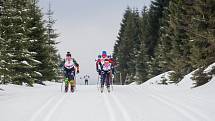 Jizerská 50, závod v klasickém lyžování na 50 kilometrů zařazený do seriálu dálkových běhů Ski Classics, proběhl 18. února 2018 již po jedenapadesáté. Na snímku vlevo je Nadezhda Shuniaeva.