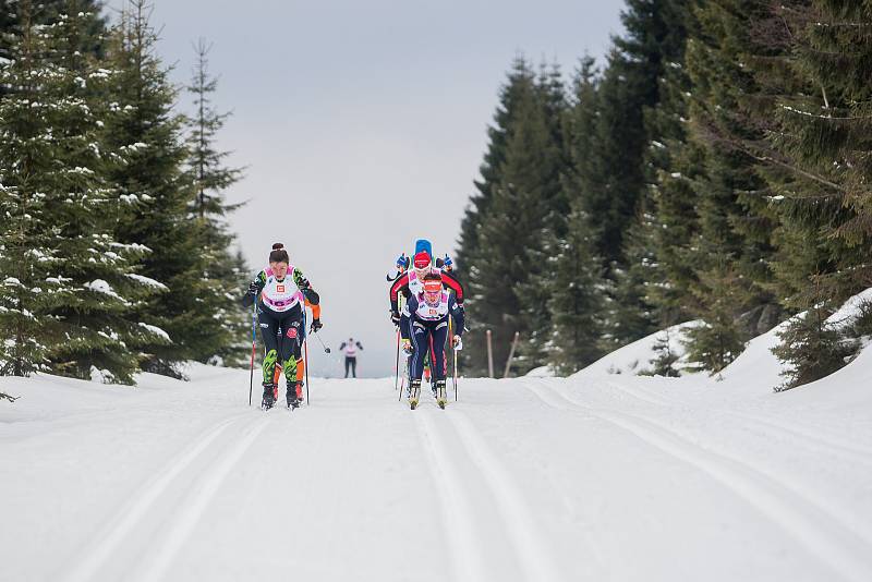 Jizerská 50, závod v klasickém lyžování na 50 kilometrů zařazený do seriálu dálkových běhů Ski Classics, proběhl 18. února 2018 již po jedenapadesáté. Na snímku vlevo je Nadezhda Shuniaeva.