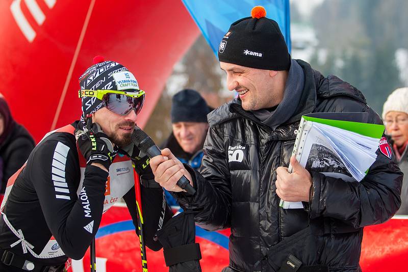 Závod v klasickém lyžování, ČT Jizerská 10, proběhl 17. února v Bedřichově na Jablonecku v rámci série závodů Jizerské padesátky. Hlavní závod na 50 kilometrů zařazený do seriálu dálkových běhů Ski Classics se pojede 18. února 2018. Na snímku vlevo je Jiř
