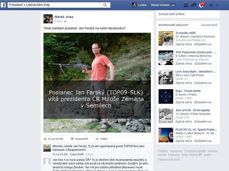 Komentáře ke zmanipulované fotografii Jana Farského, kterou pustil pachatel do světa prostřednictvím falešeného profilu.