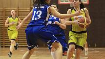 Basketbalistky Bižuterie Jablonec sice s Plzní (v modrém) prohrály, ale i tak zachránily druholigovou příslušnost.