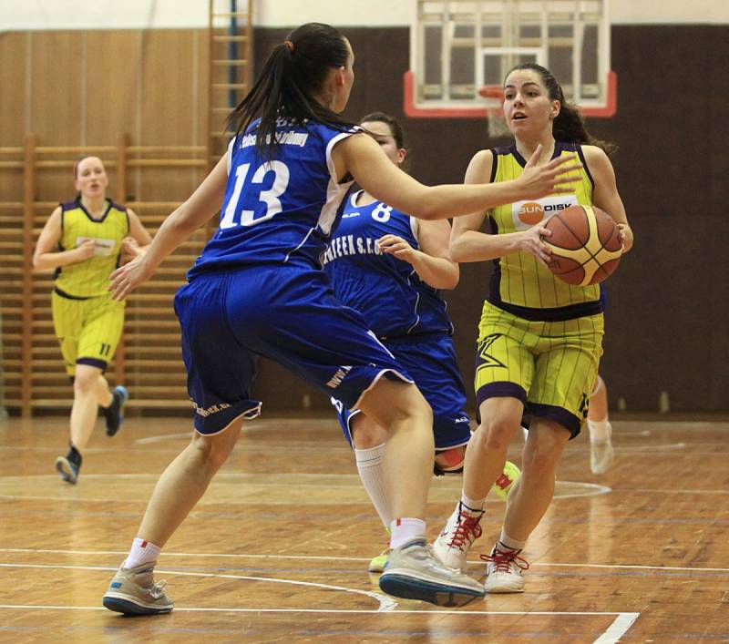 Basketbalistky Bižuterie Jablonec sice s Plzní (v modrém) prohrály, ale i tak zachránily druholigovou příslušnost.