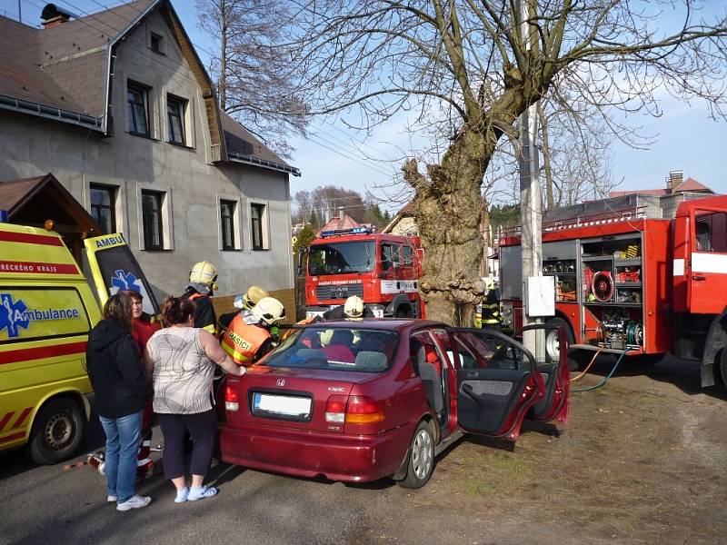 Smržovka v pátek odpoledne. Přes veškeré úsilí záchranářů lékař konstatoval smrt řidiče. Narazil do stromu. 