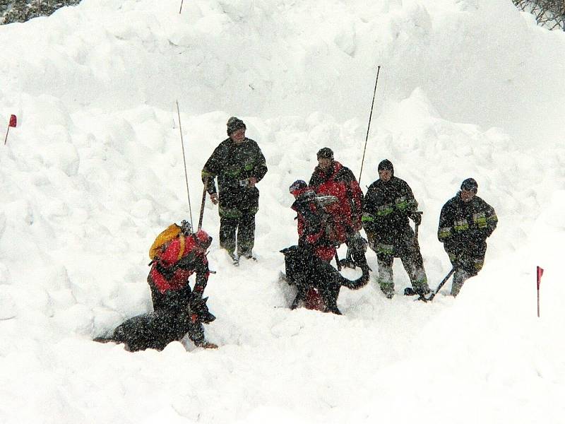 Pavel Hořejší s lavinovým psem německým ovčákem Benjim při zásahu na polské straně Krkonoš. Záchranáři hledali pod lavinou snowboardistu. 