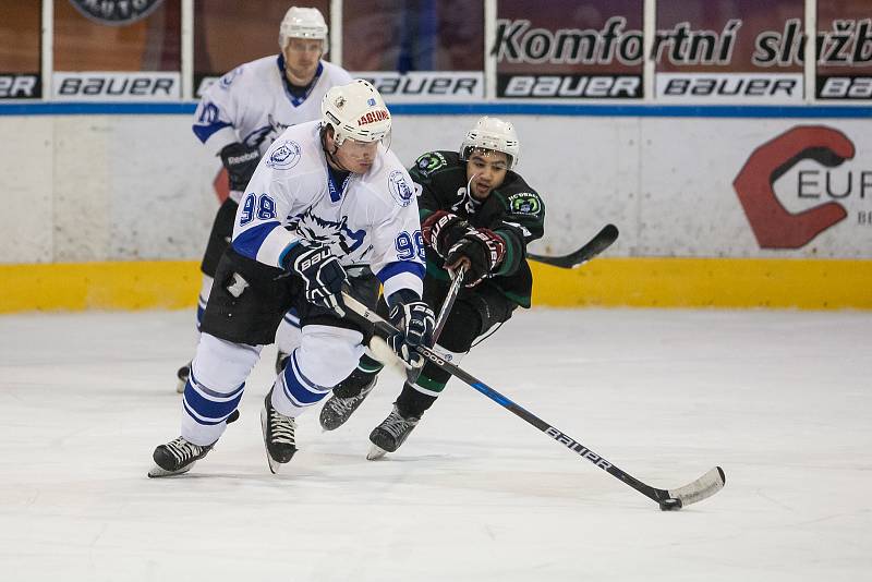 Utkání 42. kola 2. ligy ledního hokeje skupiny Západ se odehrálo 21. února na zimním stadionu v Jablonci nad Nisou. Utkaly se týmy HC Vlci Jablonec nad Nisou a HC Draci Bílina. Na snímku vlevo je Ladislav Pulec.