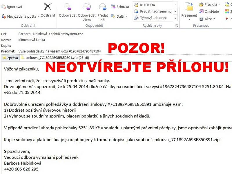 Podvodný email s virovou aplikací v příloze.