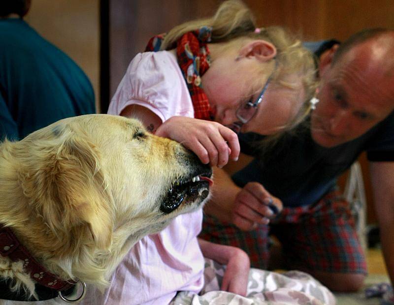 V jabloneckém Domě Dětí a Mládeže Vikýř je na příměstkém táboře handicapovaných dětí jedním z programů také canisterapie.