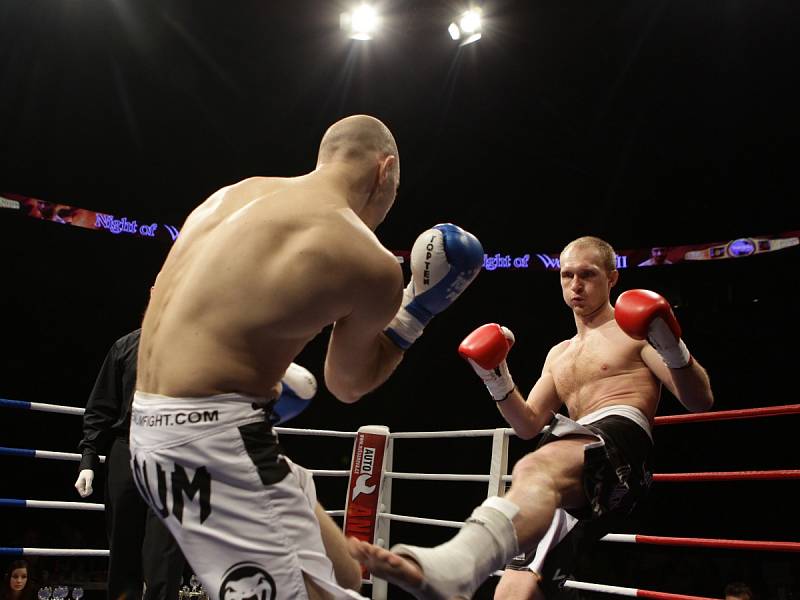 Night of Warriors II v Tipsport areně. Na snímku Jan Fendrich (Iron Fighters) a vlevo Michal Málek (Krásná Lípa).