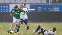 Čtvrtfinálový zápas českého fotbalového poháru - MOL Cupu mezi týmy FK Jablonec a 1. FC Slovácko se odehrál 7. března na stadionu Střelnice v Jablonci nad Nisou. Na snímku vlevo je Lukáš Masopust.