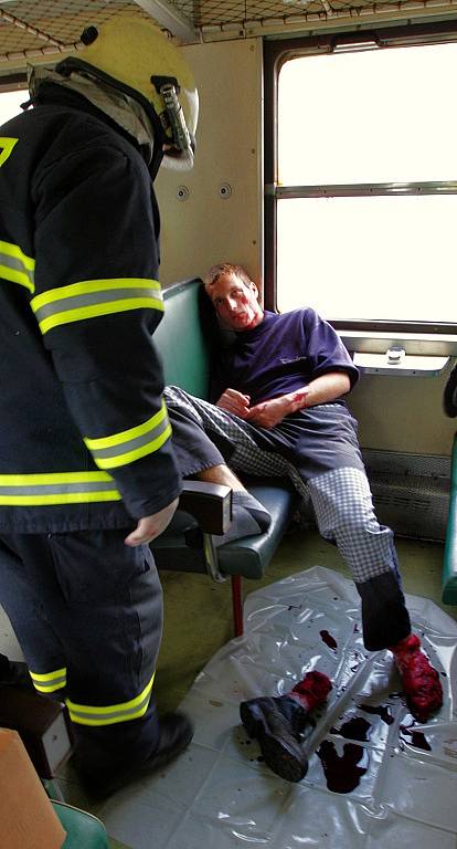 Podle scénáře došlo k železničnímu neštěstí. Hasiči a zdravotníci Českého červeného kříže se pod dohledem krajských záchrannářů snažili klasifikovat raněné podle systému START (Snadné Třídění A Rychlá Terapie).