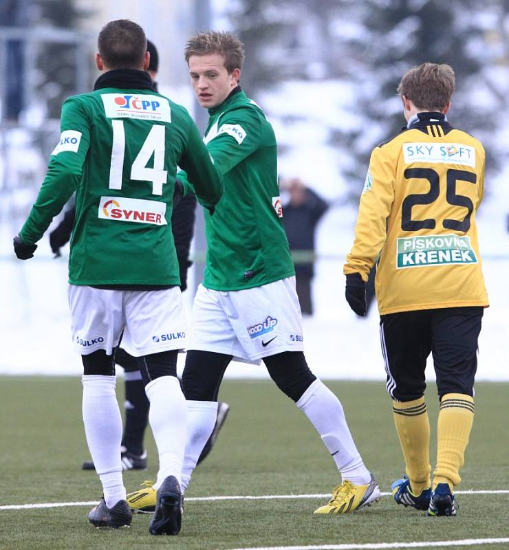 Fotbalisté Jablonce porazili Bohemians Praha 3:2. Na snímku se radují z branky hráči Jablonce Antonín Fantiš a Jan Kopic.