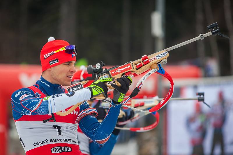 Exhibiční Mistrovství České republiky v biatlonovém supersprintu proběhlo 23. března ve sportovním areálu Břízky v Jablonci nad Nisou. Na snímku je biatlonista Michal Krčmář.